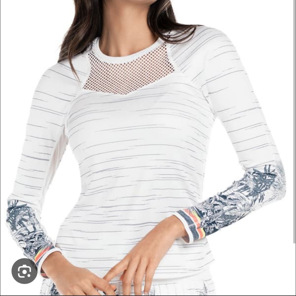 Lucky in Love White and Blue Mesh Sleeve Tops